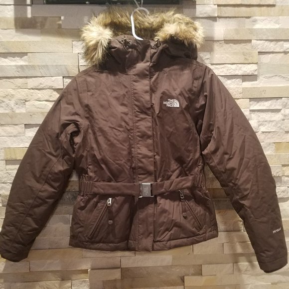 North Face Womens XS Brown Fur Goose Down Jacket Coat Winter Puffer Hood Hooded